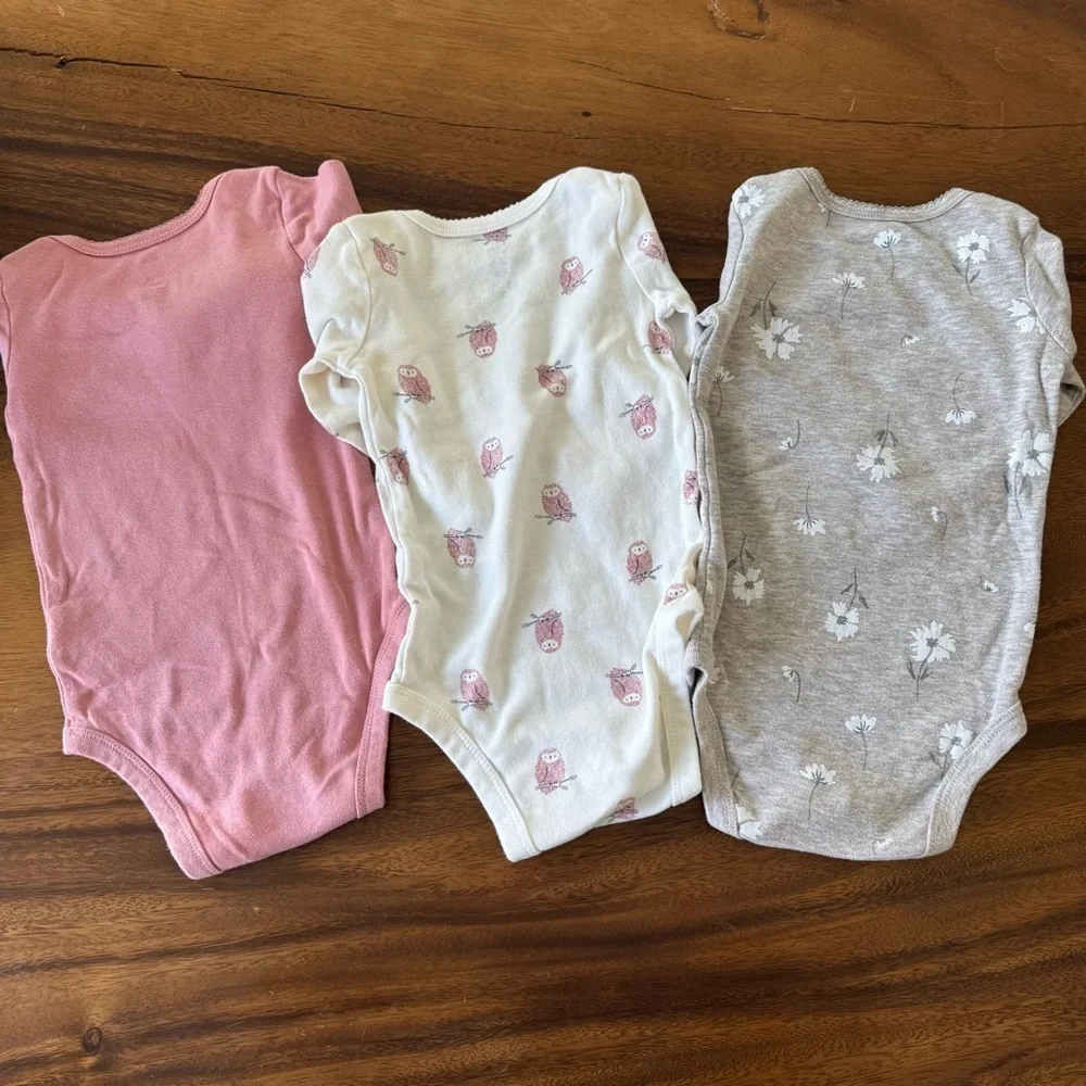 Just One Long Sleeve Bodysuits Set of 3 - Pink, Cream, Gray Owl and Floral 9M